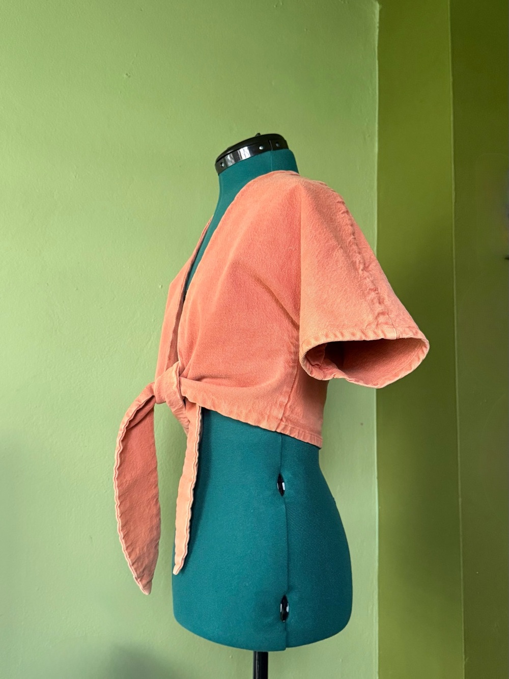 Cropped Tie-Front Jean Top in Coral Orange - Picture 2 of 4